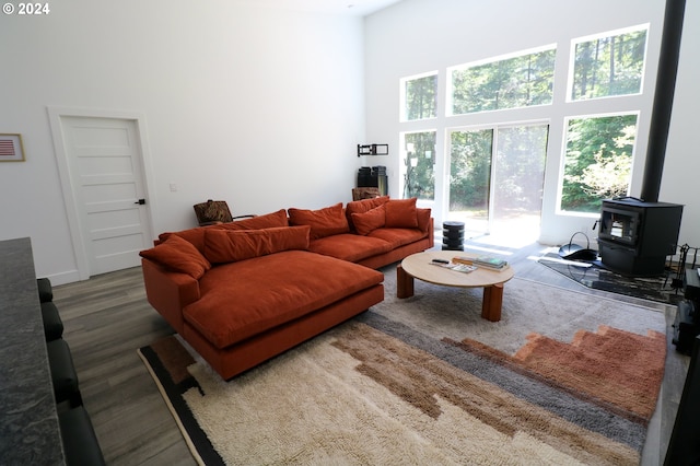 living room with a wood stove, a towering ceiling, plenty of natural light, and dark hardwood / wood-style flooring