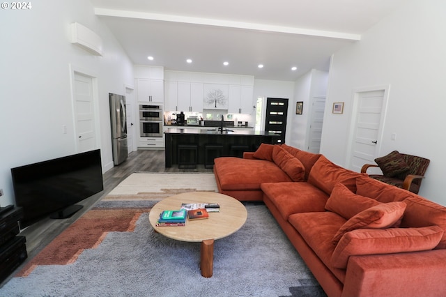 living room featuring sink and dark hardwood / wood-style flooring