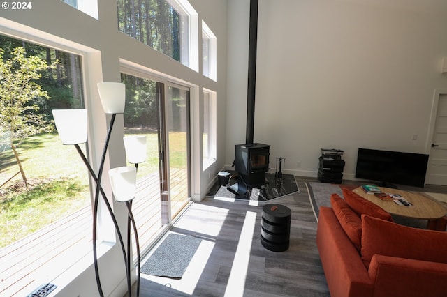 living room featuring a wood stove, a towering ceiling, and hardwood / wood-style flooring