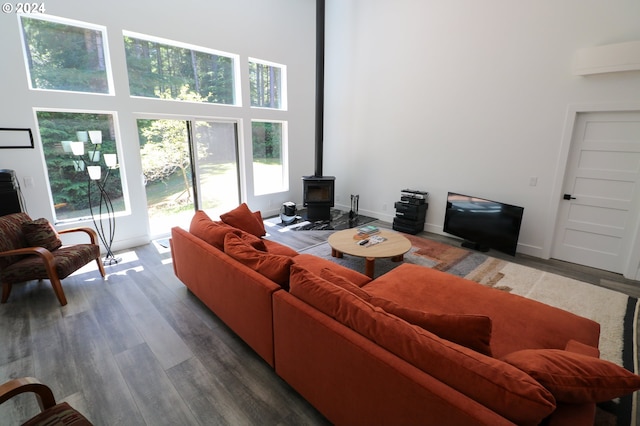 living room featuring a wood stove, wood-type flooring, and a towering ceiling