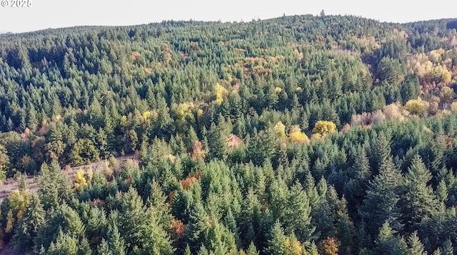 drone / aerial view with a wooded view
