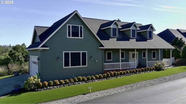 cape cod house with a porch, a front yard, and concrete driveway