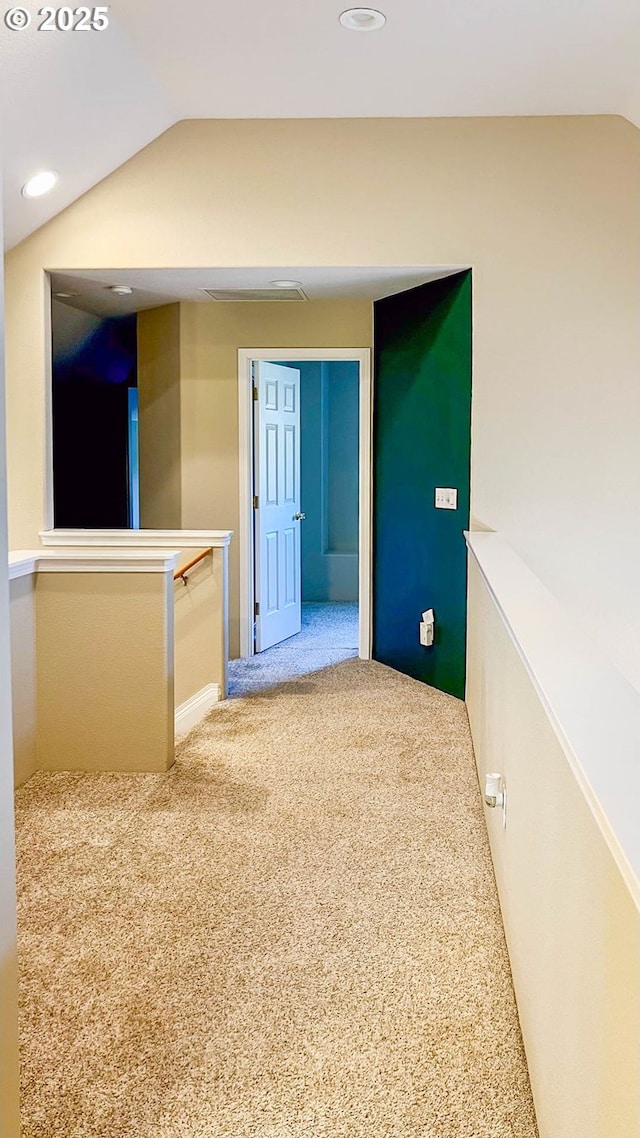 carpeted spare room with lofted ceiling and recessed lighting