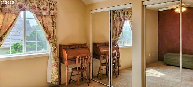 living area with carpet floors and a ceiling fan