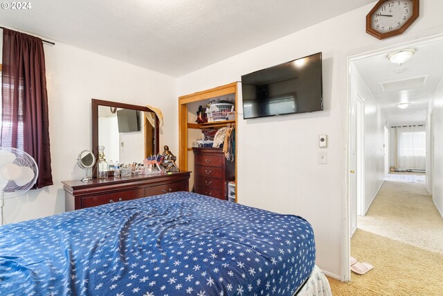 bedroom with carpet floors, a textured ceiling, and a closet