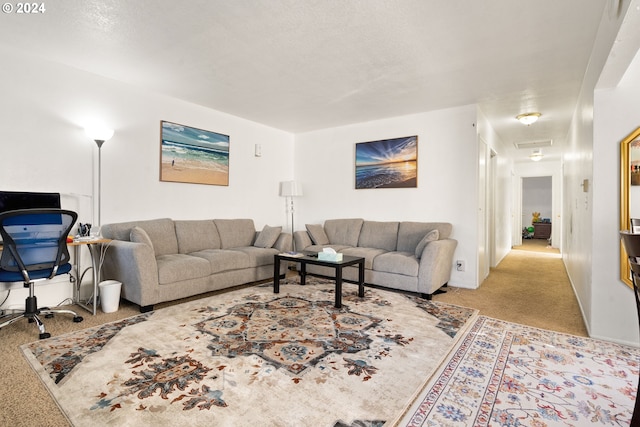 carpeted living room with a textured ceiling