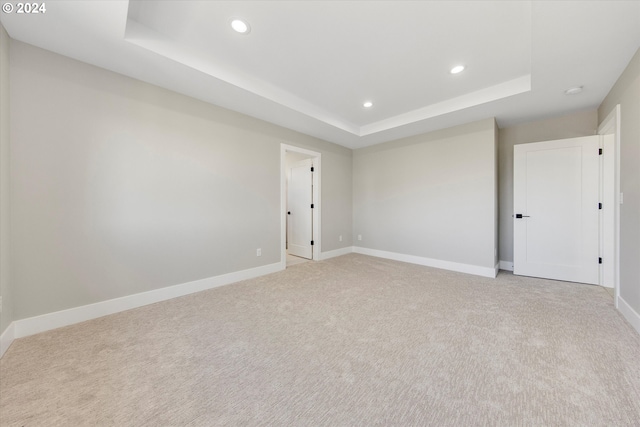 spare room featuring light colored carpet and a raised ceiling