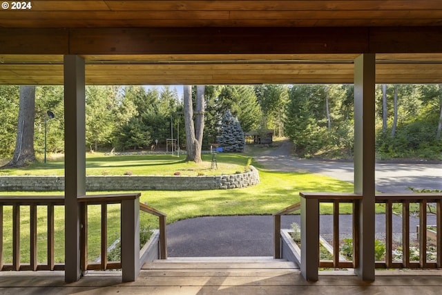 doorway with wood ceiling