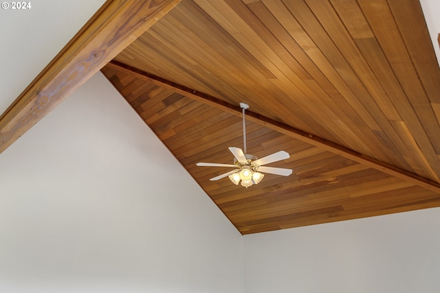 room details featuring ceiling fan and wood ceiling