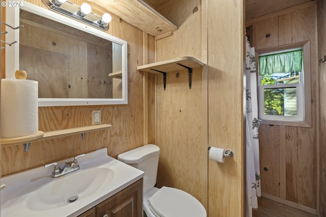 bathroom featuring wooden walls, toilet, and vanity