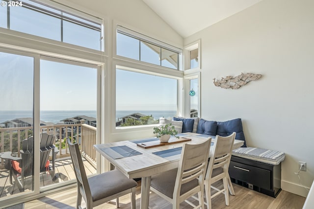 sunroom featuring a water view and lofted ceiling