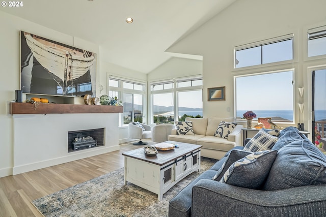 living room with high vaulted ceiling, a mountain view, and light hardwood / wood-style floors