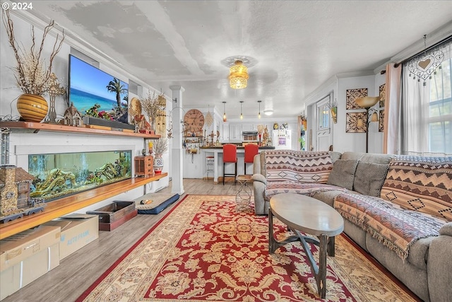 living room featuring a textured ceiling and light hardwood / wood-style flooring