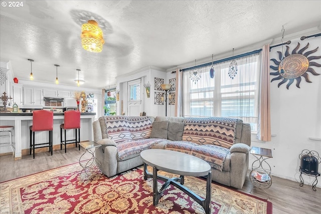 living room featuring a textured ceiling, a healthy amount of sunlight, and light hardwood / wood-style flooring