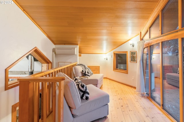 interior space with an AC wall unit, wooden ceiling, vaulted ceiling, and light wood-type flooring