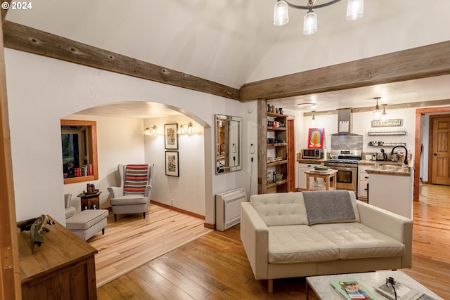 living room featuring sink, lofted ceiling, light wood-type flooring, and radiator