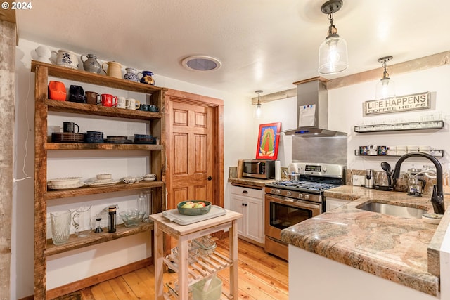 kitchen with island exhaust hood, stainless steel appliances, sink, pendant lighting, and light hardwood / wood-style floors