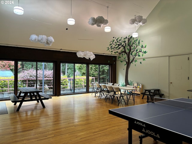 recreation room with wood-type flooring and high vaulted ceiling