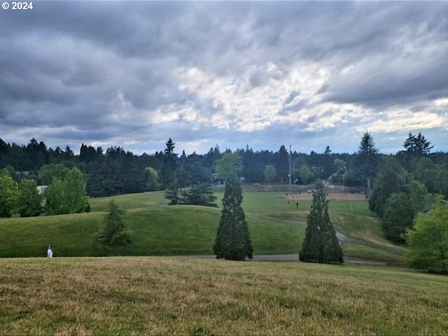 view of community with a lawn and a rural view