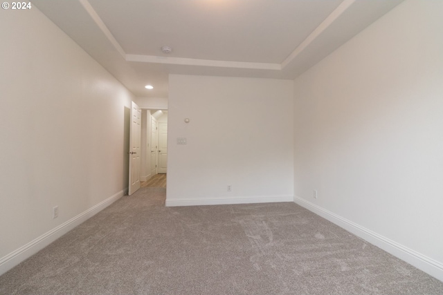 empty room with a raised ceiling and light colored carpet