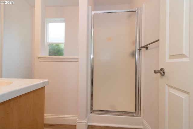 bathroom with hardwood / wood-style floors, a shower with shower door, and vanity