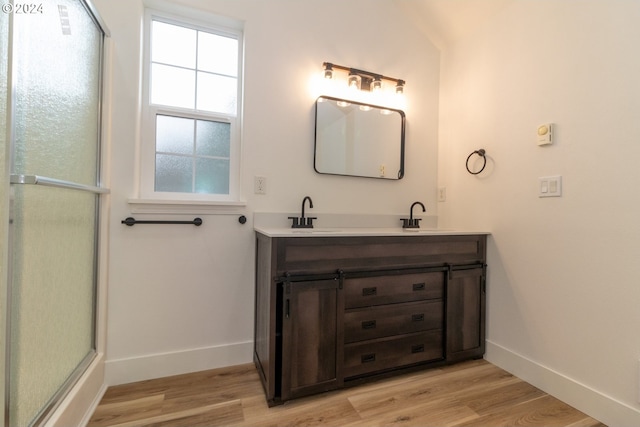 bathroom with vanity, hardwood / wood-style flooring, and walk in shower