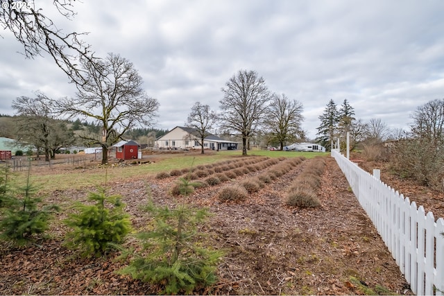 view of yard featuring a rural view and a storage unit