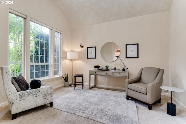 living area featuring lofted ceiling, carpet floors, and baseboards