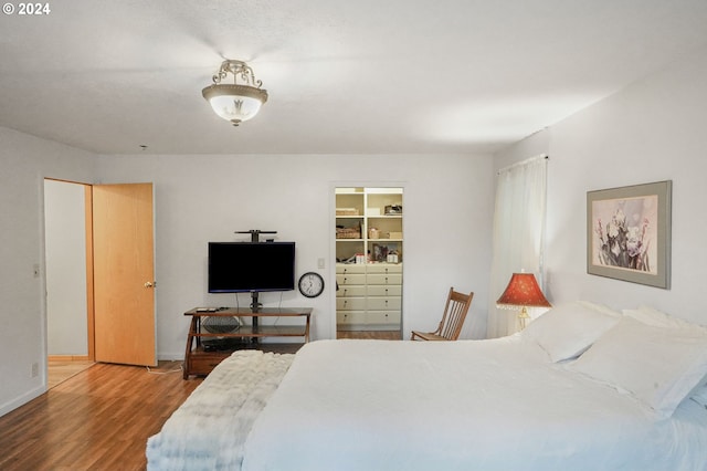 bedroom featuring wood-type flooring, a spacious closet, and a closet