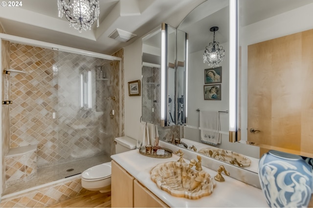 bathroom with an inviting chandelier, vanity, a shower with door, and toilet