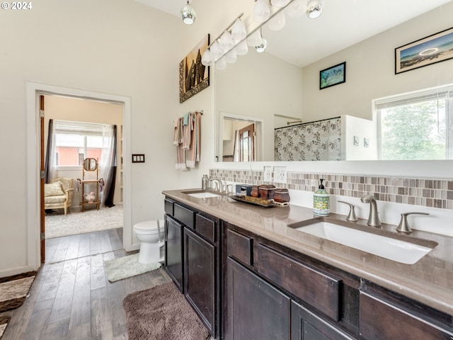 bathroom with wood-type flooring, vanity, toilet, and decorative backsplash