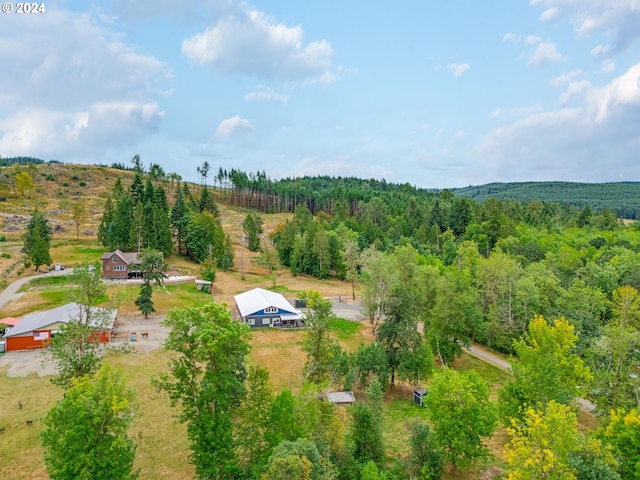 birds eye view of property featuring a wooded view