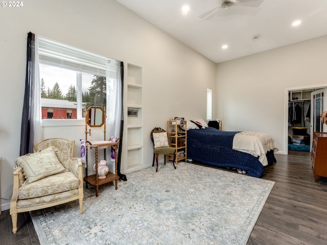 bedroom featuring a ceiling fan, wood finished floors, and recessed lighting