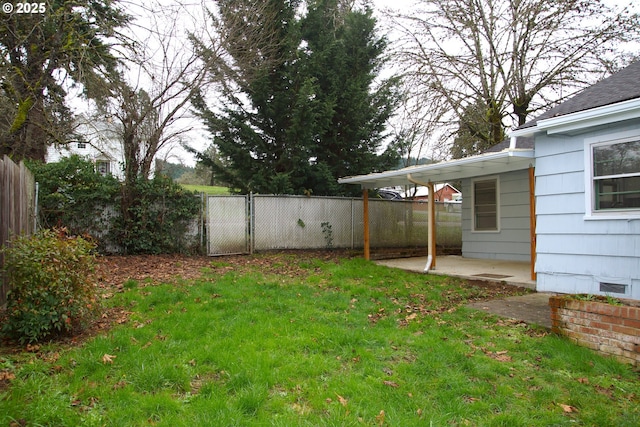 view of yard with a fenced backyard and a patio