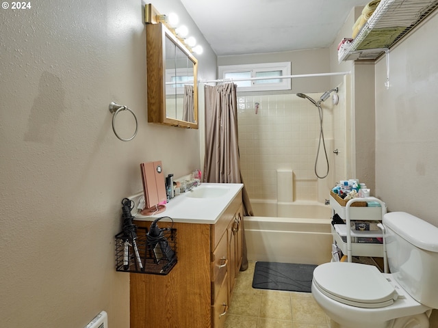 full bathroom with tile flooring, shower / bath combination with curtain, toilet, and vanity