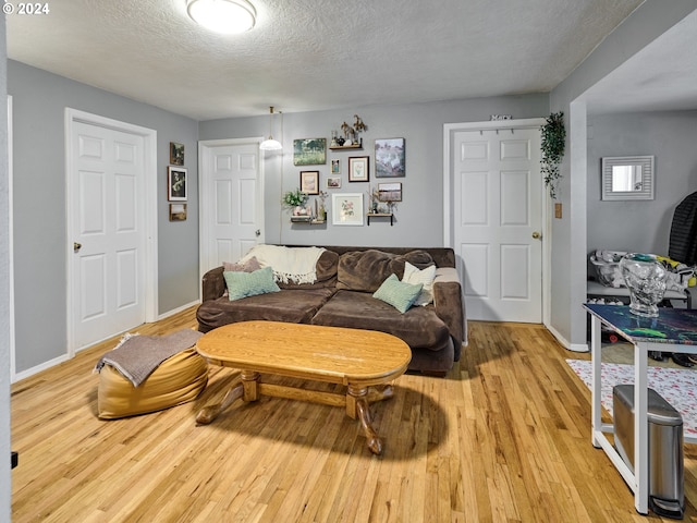 living room featuring light hardwood / wood-style flooring and a textured ceiling