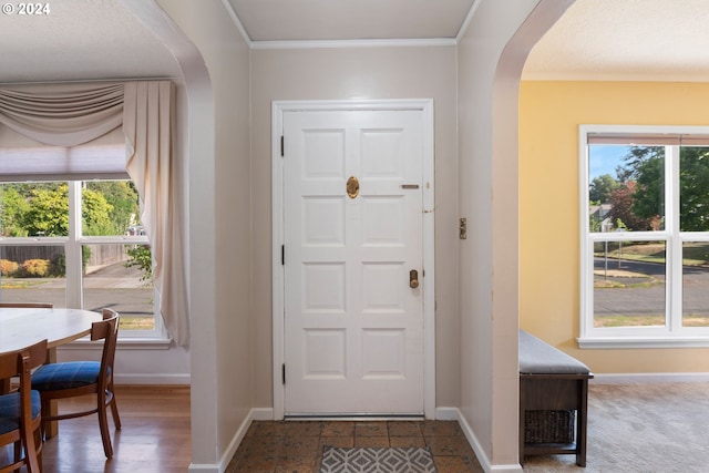 tiled entryway featuring ornamental molding and a healthy amount of sunlight