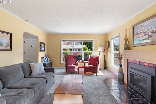 living room featuring ornamental molding, dark colored carpet, and a textured ceiling