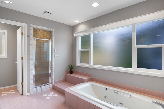 2405 Maple St, Longview, WA 98632 - bathroom featuring tile patterned flooring, visible vents, a tub with jets, recessed lighting, and a shower stall