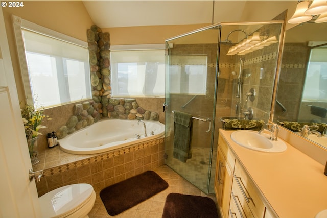 full bathroom with separate shower and tub, tile patterned flooring, vanity, and lofted ceiling