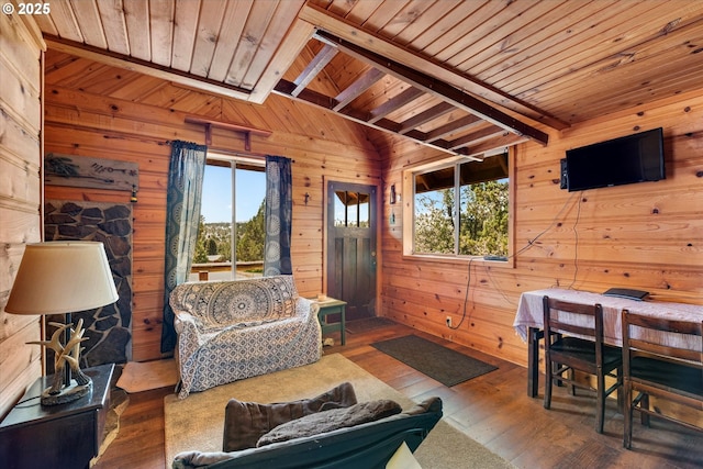 17943 Old Auburn Ln, Baker City, OR 97814 - living area featuring healthy amount of natural light, wood ceiling, hardwood / wood-style floors, and wooden walls