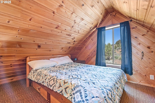 17943 Old Auburn Ln, Baker City, OR 97814 - carpeted bedroom featuring wooden walls, lofted ceiling, and wood ceiling