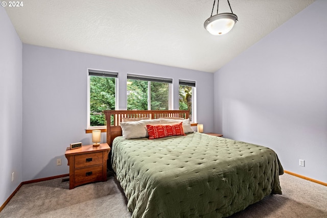 carpeted bedroom with lofted ceiling, baseboards, and a textured ceiling