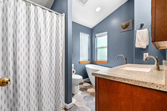 bathroom featuring curtained shower, baseboards, lofted ceiling, a freestanding tub, and vanity