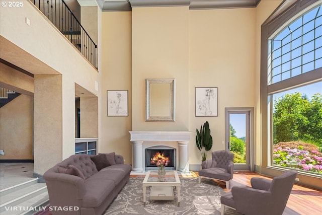 living room featuring a high ceiling