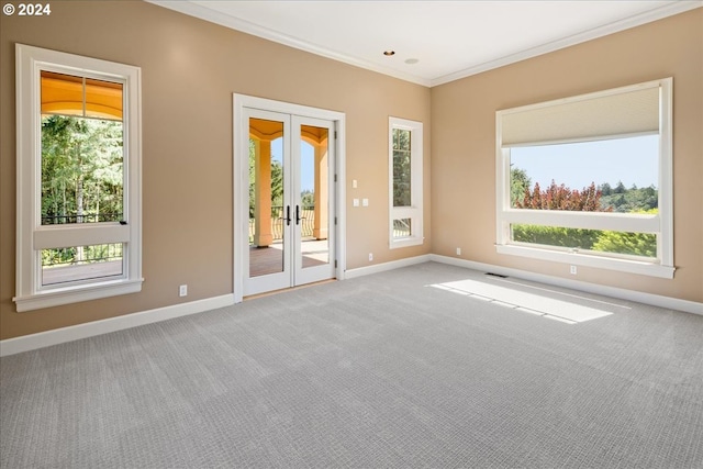 empty room featuring french doors, crown molding, and carpet flooring