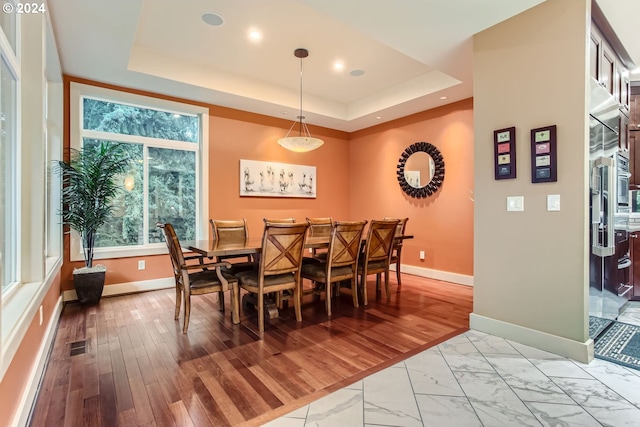 dining room featuring light hardwood / wood-style flooring and a tray ceiling