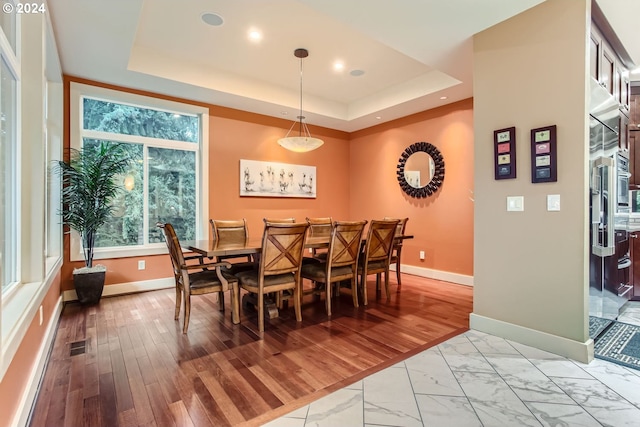 13829 SE Claremont St, Happy Valley, OR 97086 - dining room with a raised ceiling, baseboards, recessed lighting, and light marble finish floors