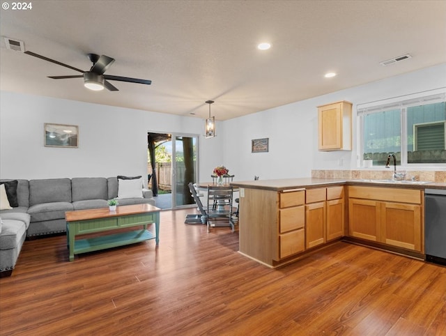 kitchen with stainless steel dishwasher, light hardwood / wood-style floors, sink, and hanging light fixtures