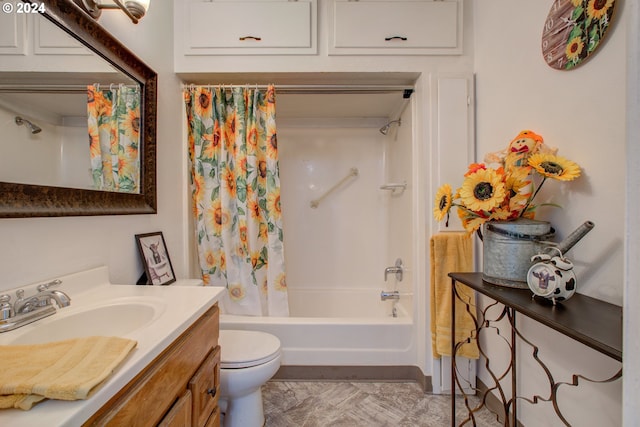 full bathroom with vanity, toilet, and shower / bath combo with shower curtain